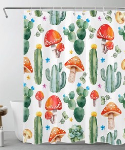 Green Succulent and Mushroom Floral Tropical Cactus Shower Curtain