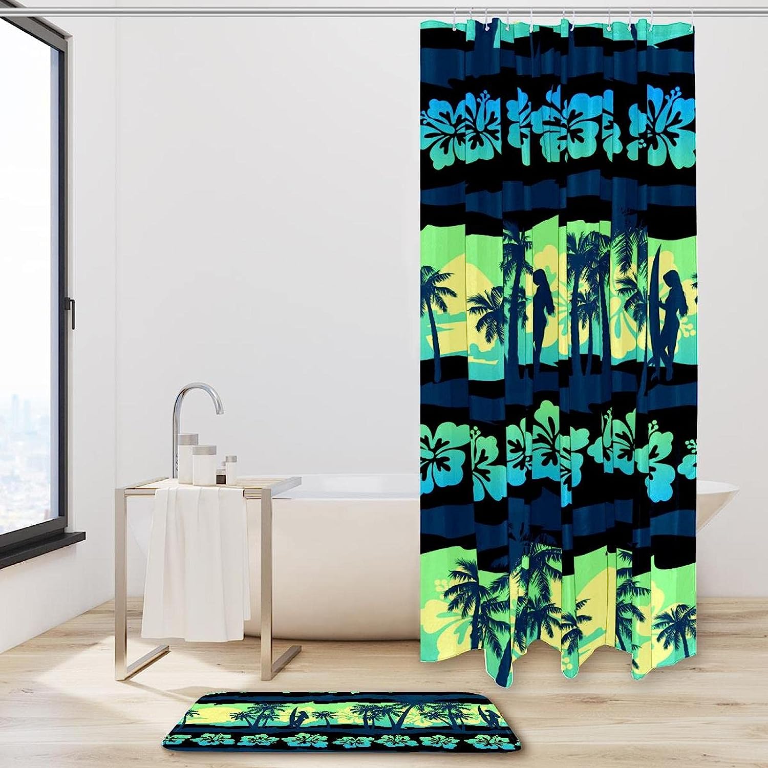 Green Sunrise Frangipani Flower Print Shower Curtain for a Peaceful Bathroom