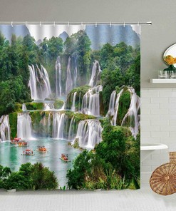 Green Trees Waterfall Forest Shower Curtain for Nature Scenery Bathroom Decor 