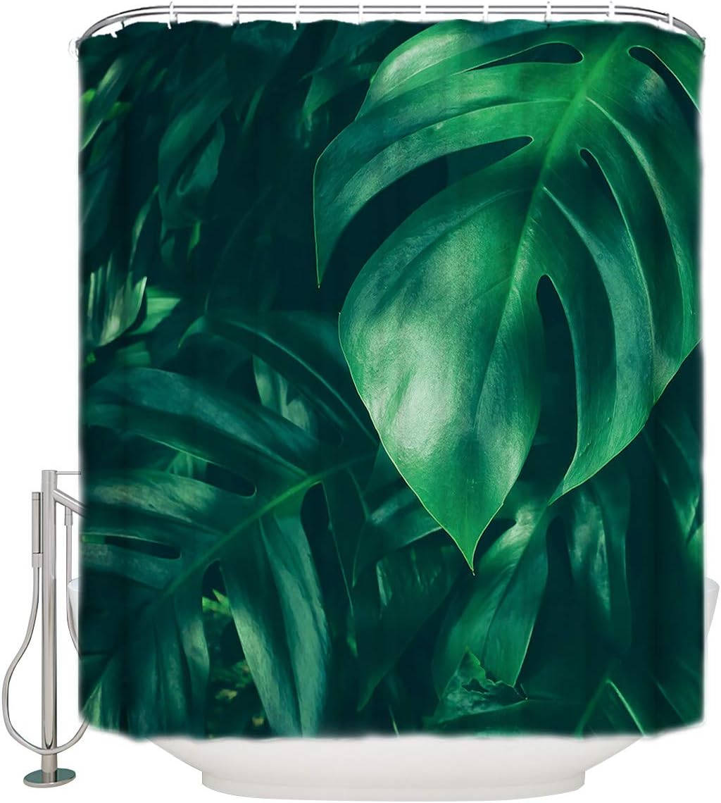 Green Tropical Palm Leaf Waterproof Fabric Shower Curtain For Bathroom