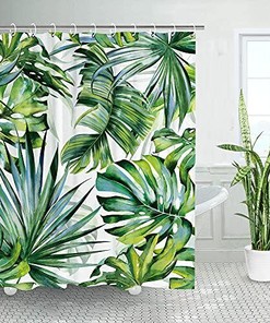 Green Tropical Plant Shower Curtain - Jungle Bathroom Decor with Botanical Shower Curtain