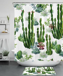 Green Tropical Plant Succulents Cactus Curtain Bathroom Accessory Set with Plant Print