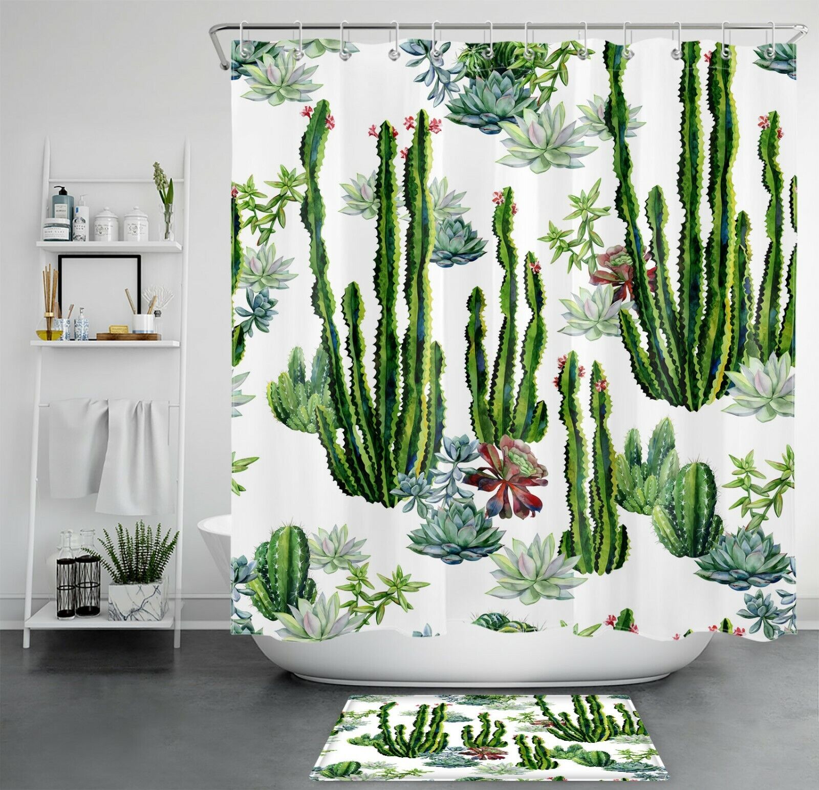 Green Tropical Plant Succulents Cactus Curtain Bathroom Accessory Set with Plant Print