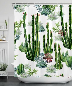 Green Tropical Plant Succulents Cactus Curtain Bathroom Accessory Set with Plant Print