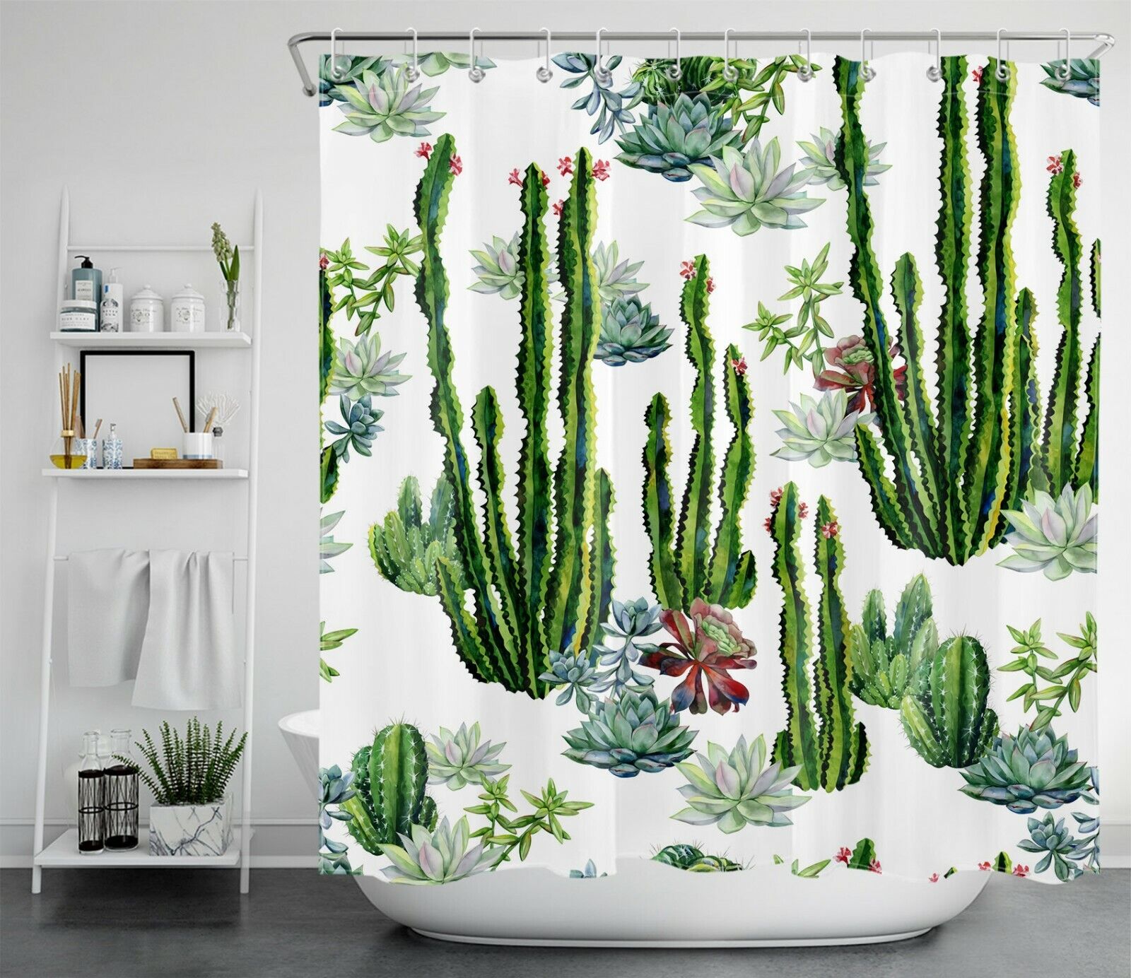 Green Tropical Plant Succulents Cactus Curtain Bathroom Accessory Set with Plant Print