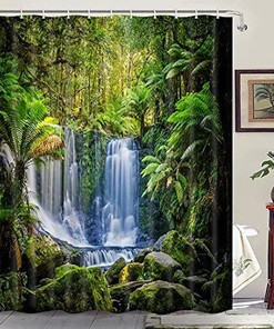 Green Tropical Plants and Waterfall Shower Curtain for a Rainforest Bathroom