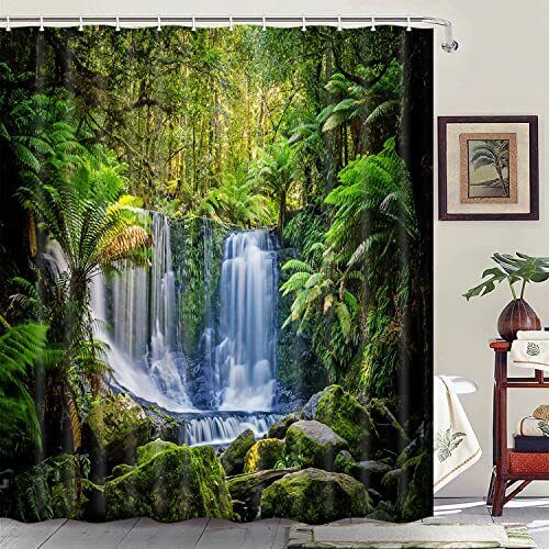 Green Tropical Plants and Waterfall Shower Curtain for a Rainforest Bathroom
