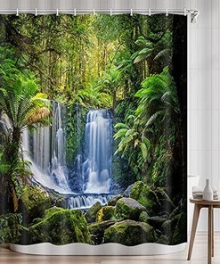 Green Tropical Plants and Waterfall Shower Curtain for a Rainforest Bathroom