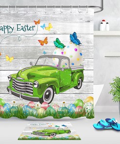 Green Truck And Butterflies Easter Eggs Shower Curtain For Bathroom Decor