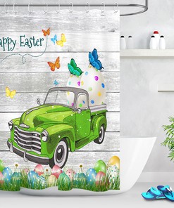 Green Truck And Butterflies Easter Eggs Shower Curtain For Bathroom Decor
