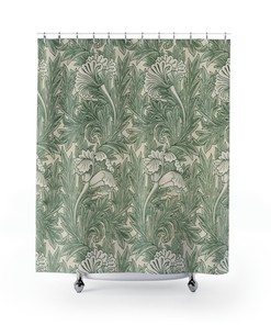 Green Tulips Floral Pattern William Morris Shower Curtain - English Country Home Decor