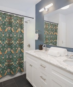 Green Washable Craftsman Bath Curtain - William Morris Shower Curtain with Full Size Print