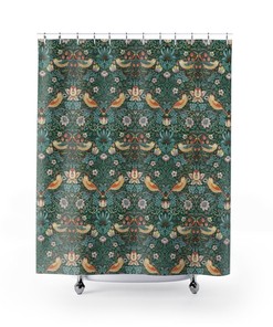 Green Washable Craftsman Bath Curtain - William Morris Shower Curtain with Full Size Print