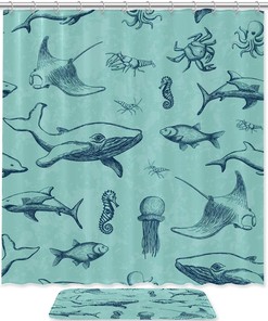 Green Whale Ocean Print Waterproof Shower Curtain for Bathroom