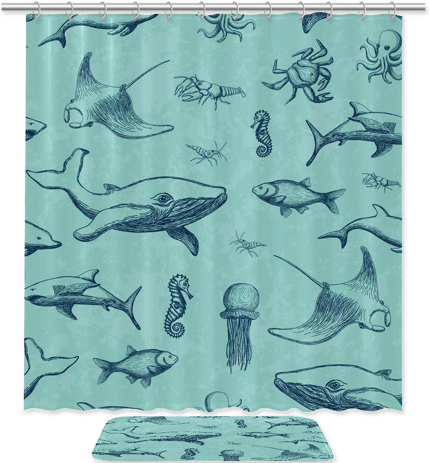 Green Whale Ocean Print Waterproof Shower Curtain for Bathroom