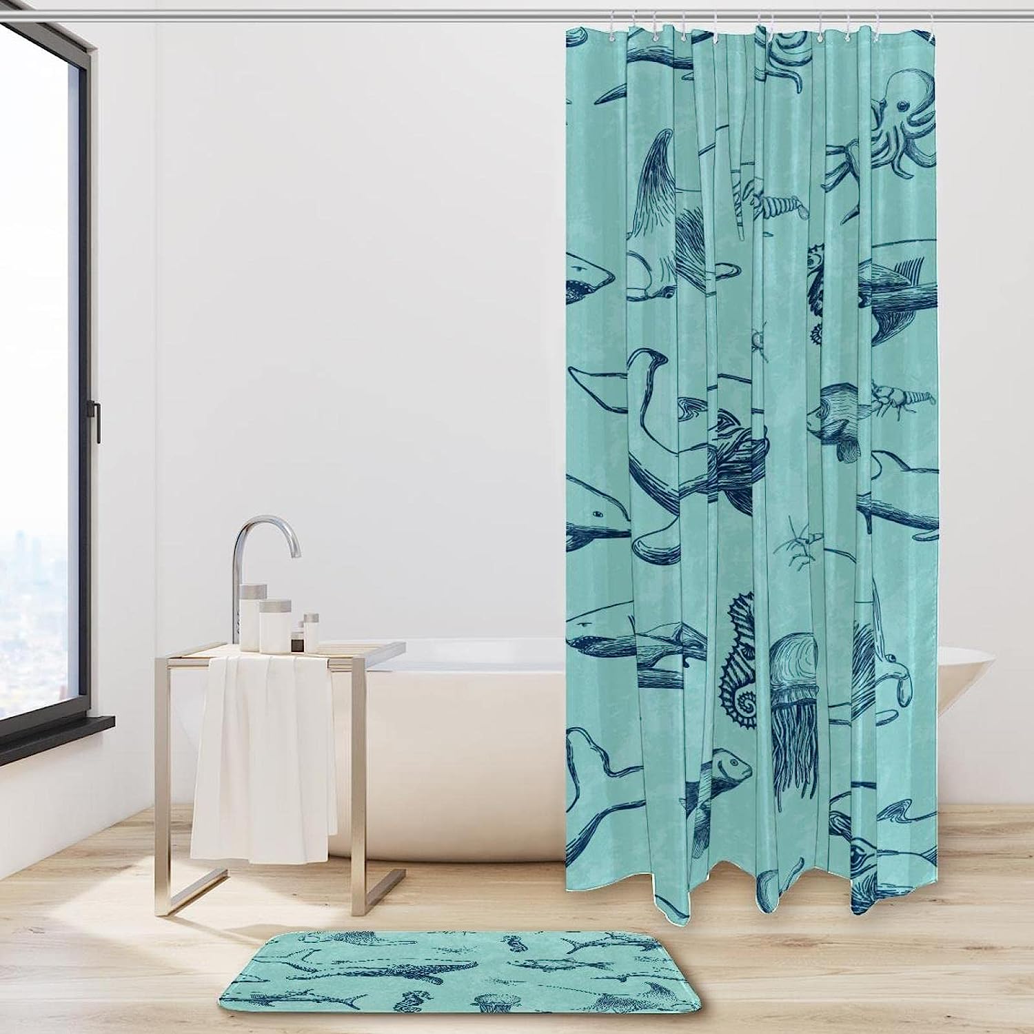 Green Whale Ocean Print Waterproof Shower Curtain for Bathroom