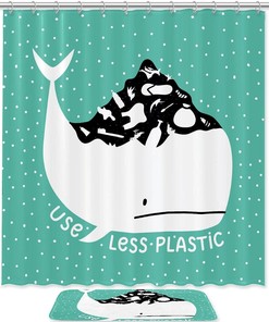 Green Whale Ocean Shower Curtain with Waterproof Fabric for Beachy Bathroom Decor