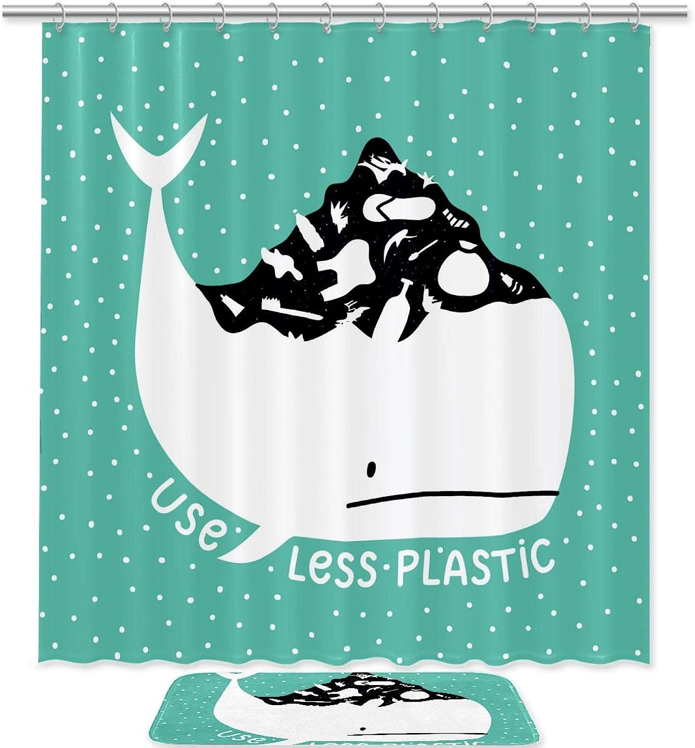 Green Whale Ocean Shower Curtain with Waterproof Fabric for Beachy Bathroom Decor