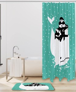 Green Whale Ocean Shower Curtain with Waterproof Fabric for Beachy Bathroom Decor