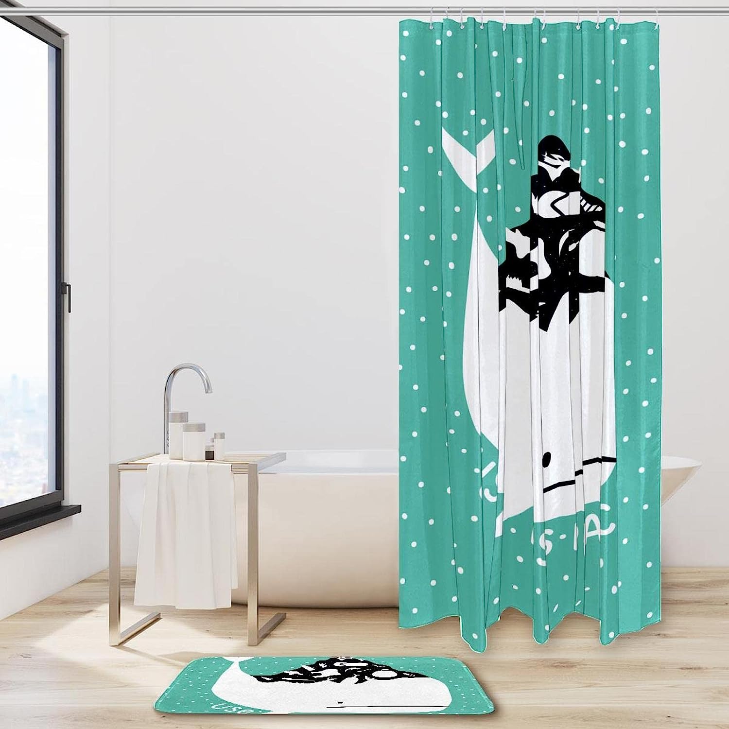 Green Whale Ocean Shower Curtain with Waterproof Fabric for Beachy Bathroom Decor