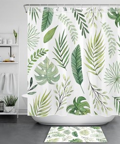 Green White Watercolor Tropical Palm Leaves Shower Curtain