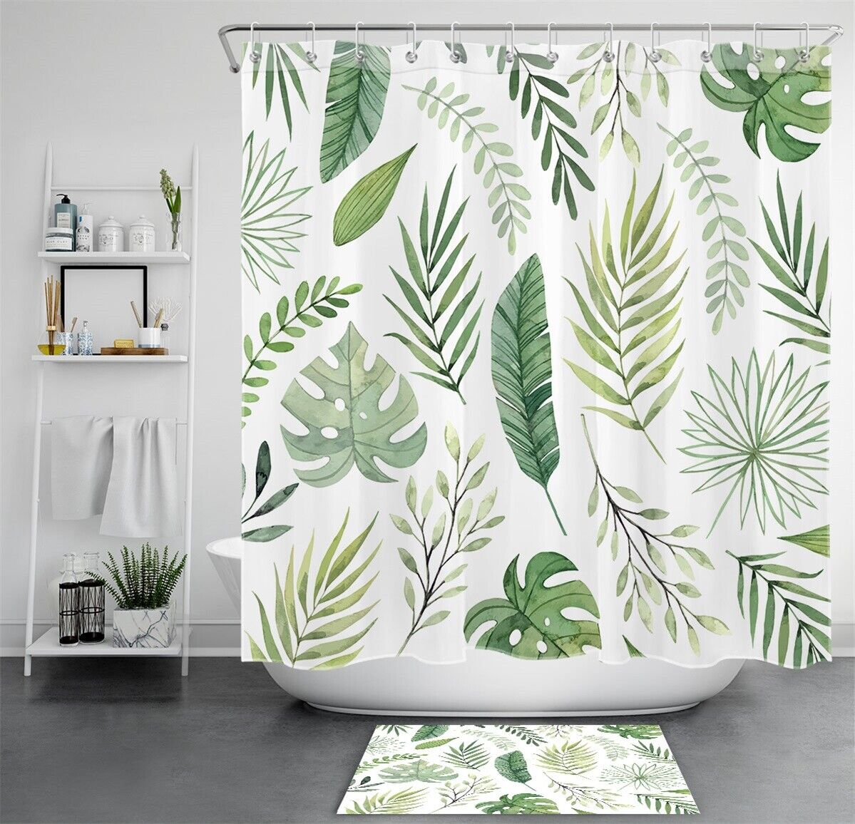 Green White Watercolor Tropical Palm Leaves Shower Curtain