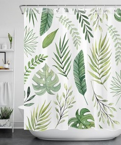 Green White Watercolor Tropical Palm Leaves Shower Curtain