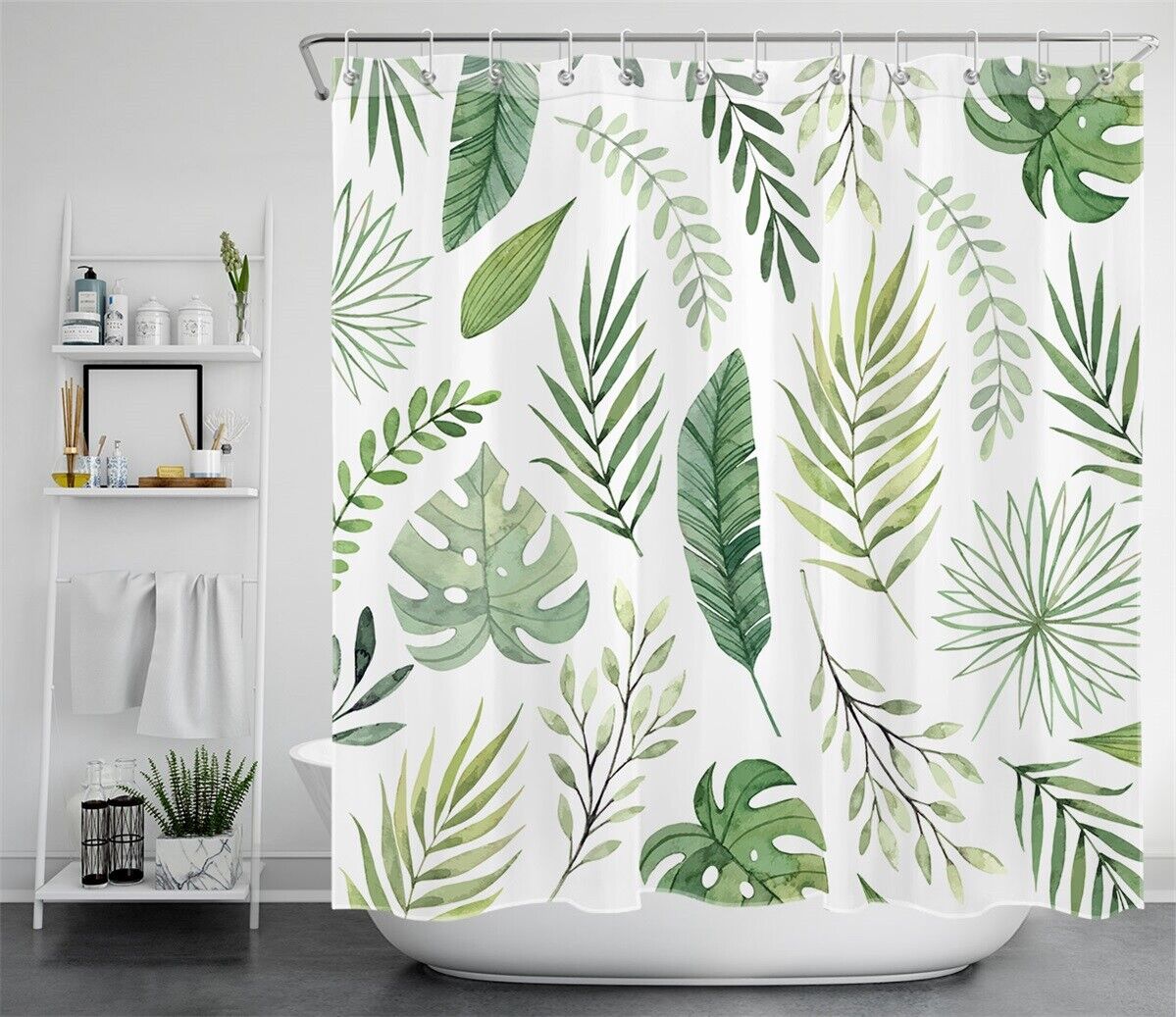Green White Watercolor Tropical Palm Leaves Shower Curtain
