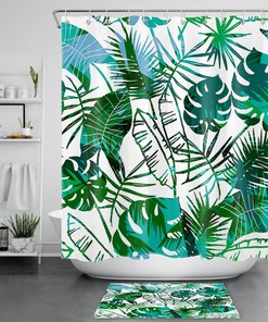 Green White Watercolor Tropical Palm Leaves Shower Curtain for Bathroom