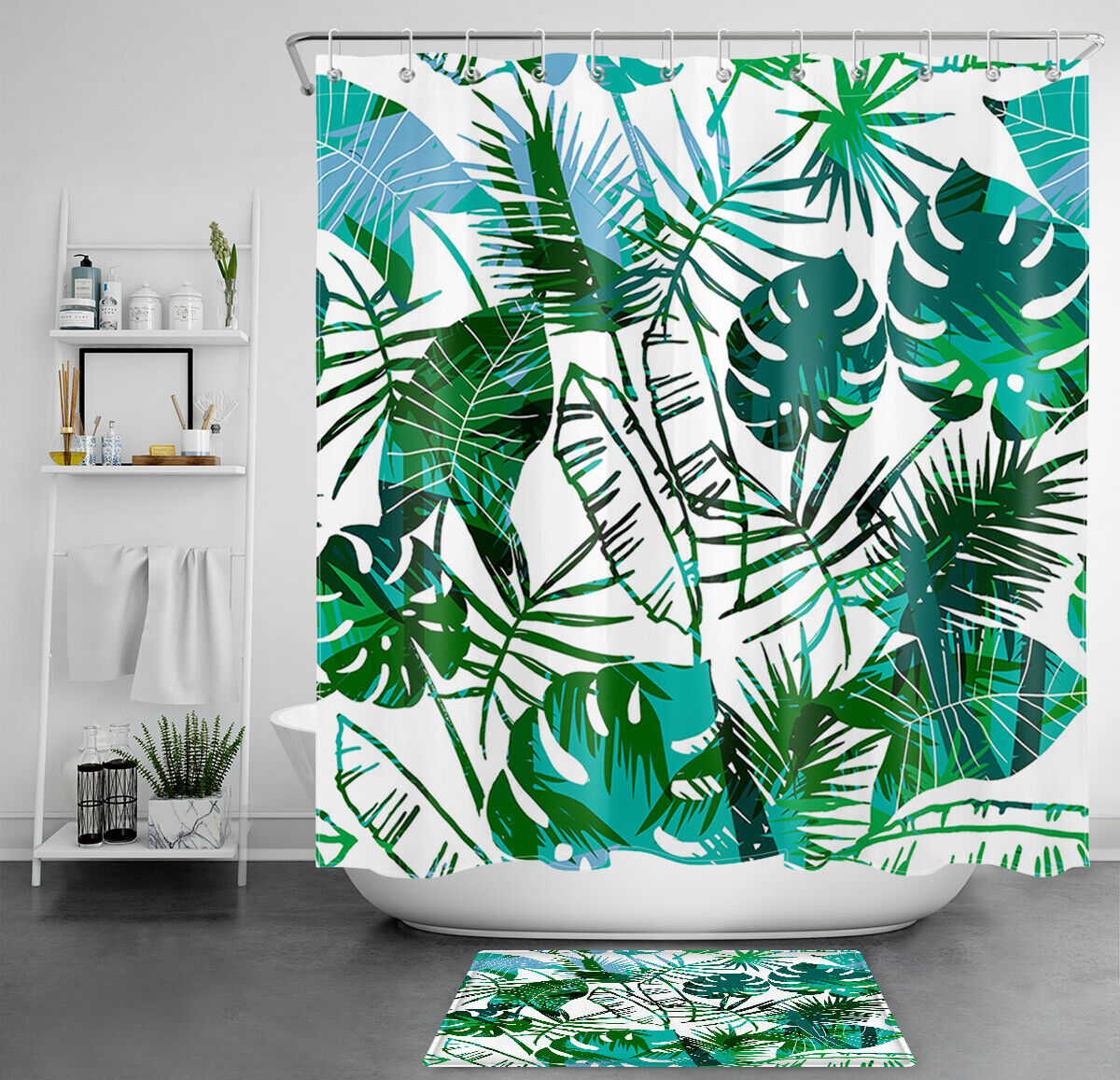 Green White Watercolor Tropical Palm Leaves Shower Curtain for Bathroom