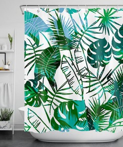 Green White Watercolor Tropical Palm Leaves Shower Curtain for Bathroom