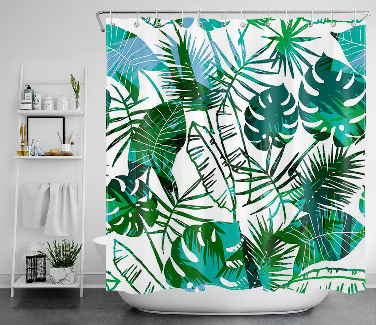 Green White Watercolor Tropical Palm Leaves Shower Curtain for Bathroom