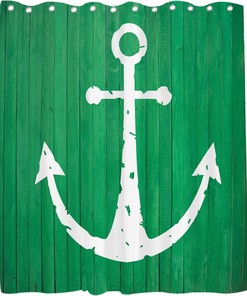 Green White White Anchor Shower Curtain - Nautical Ocean Rustic Planks Theme - Waterproof Washable Bathroom Decor