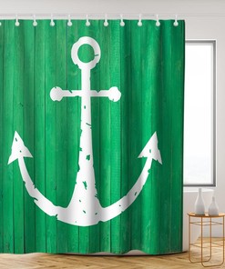 Green White White Anchor Shower Curtain - Nautical Ocean Rustic Planks Theme - Waterproof Washable Bathroom Decor