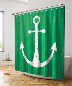 Green White White Anchor Shower Curtain - Nautical Ocean Rustic Planks Theme - Waterproof Washable Bathroom Decor