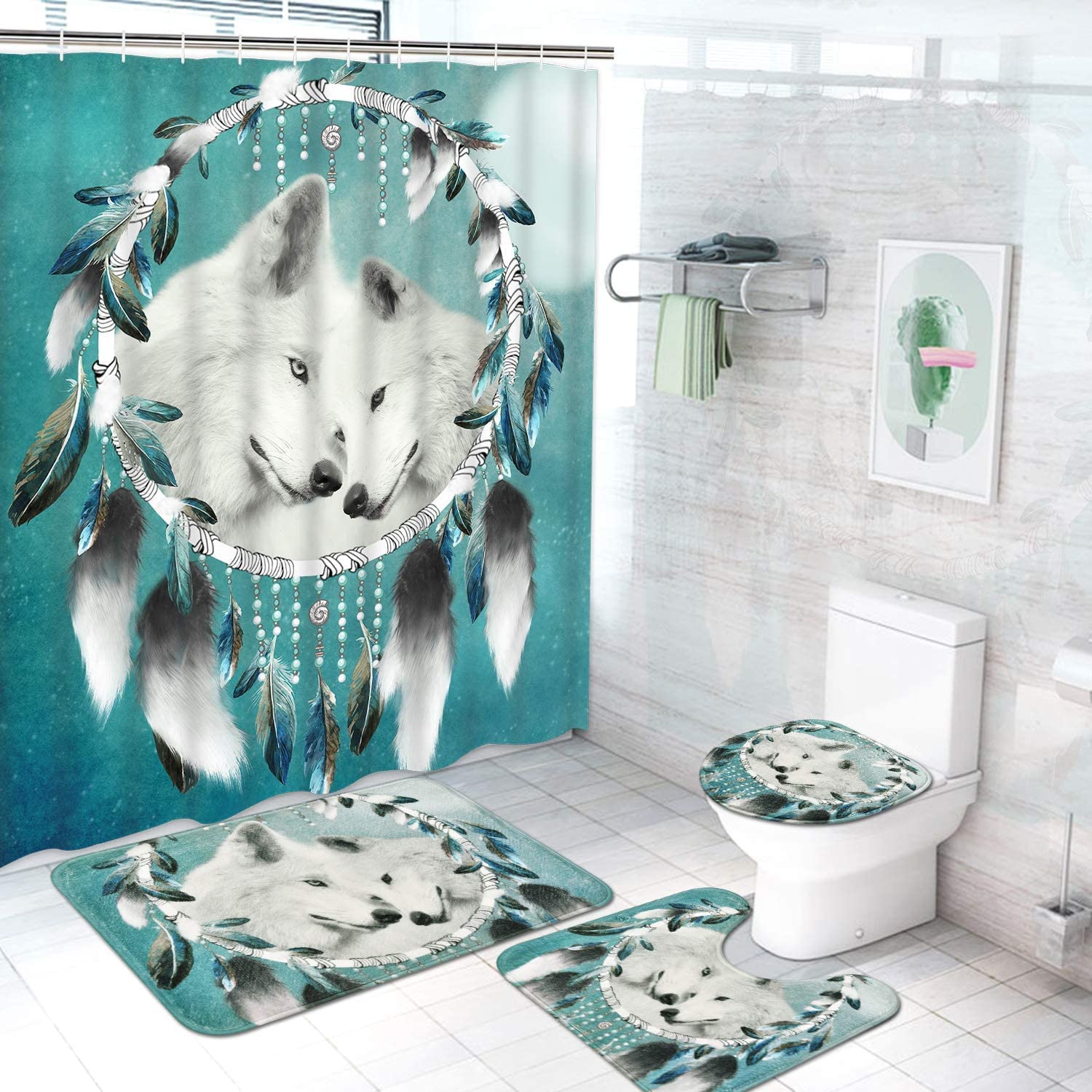 Green Wolf Dream Catcher Animal Shower Curtain for Chic Bathroom Decor