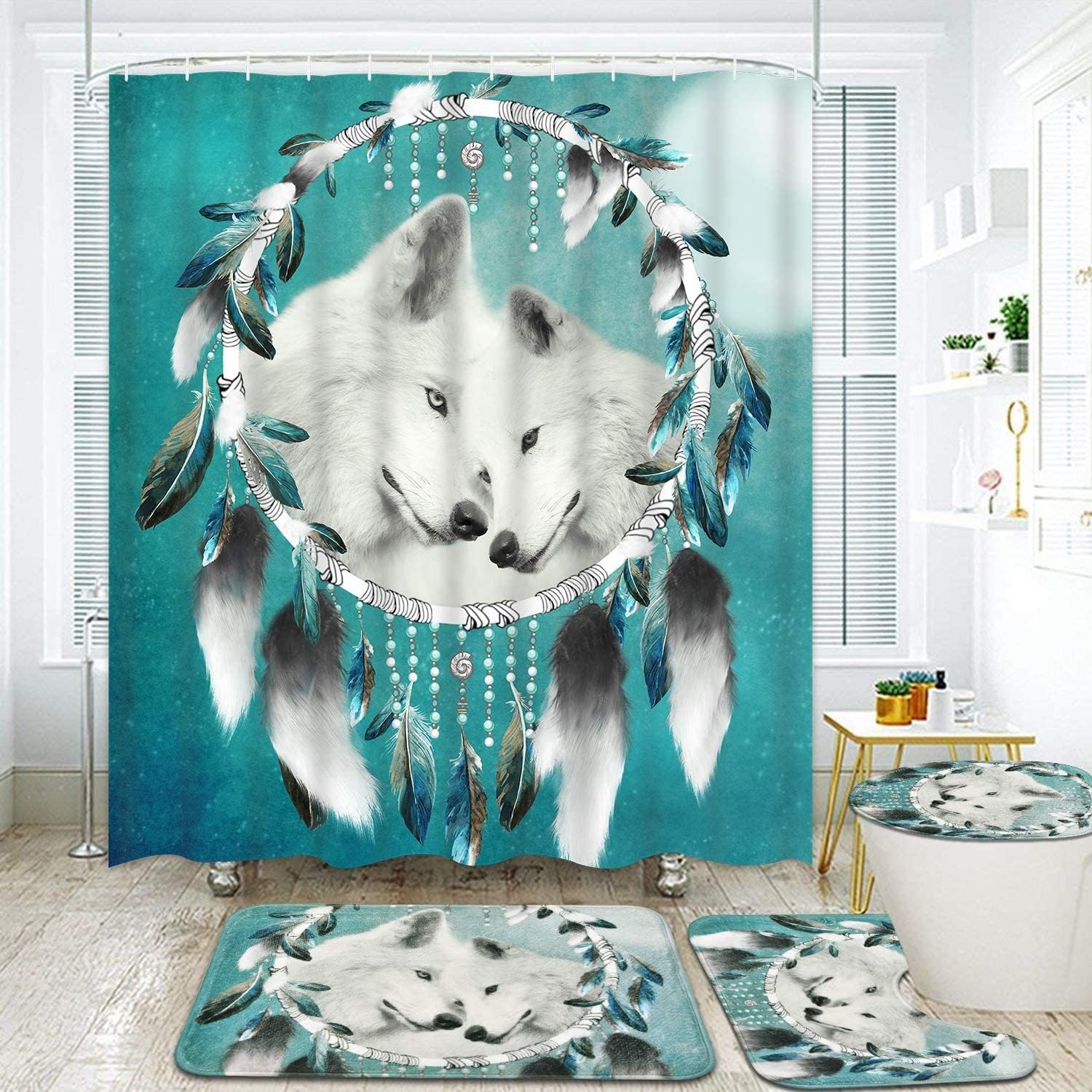 Green Wolf Dream Catcher Animal Shower Curtain for Chic Bathroom Decor
