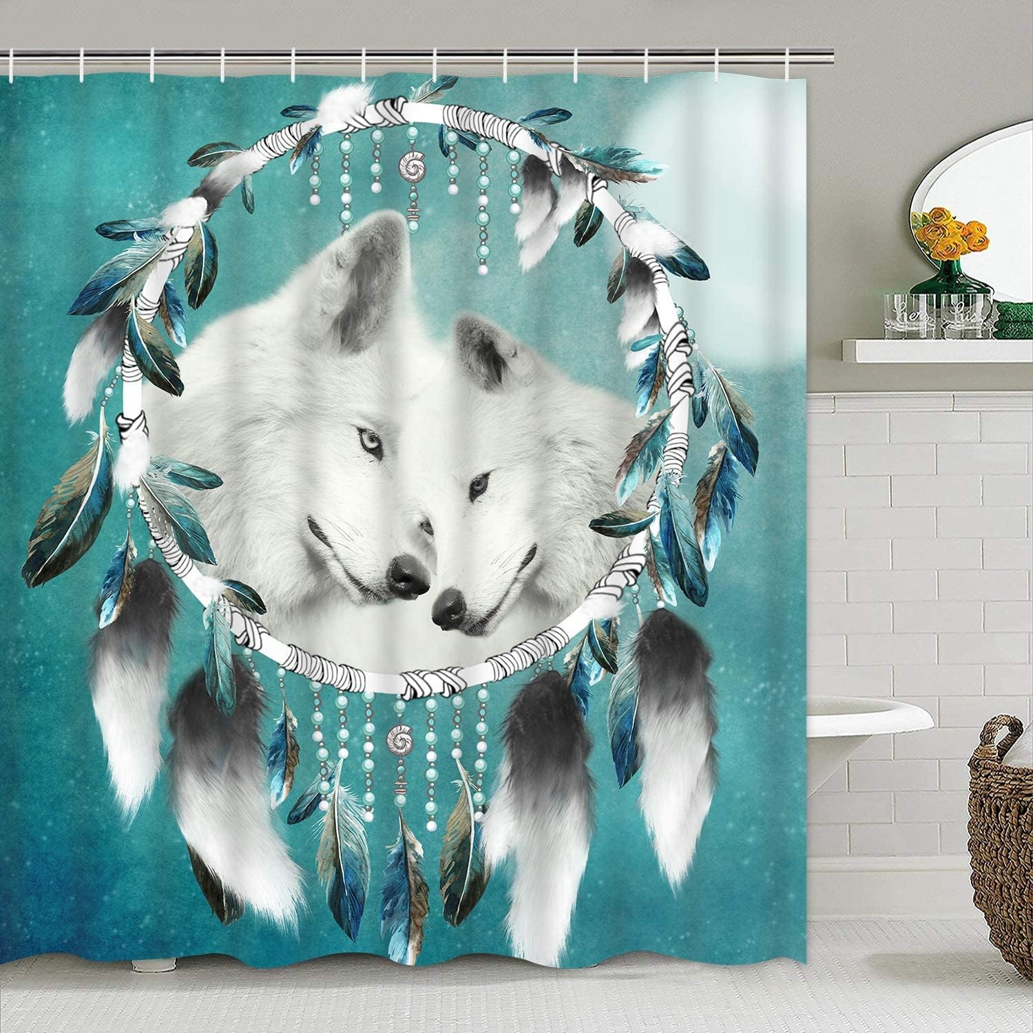 Green Wolf Dream Catcher Animal Shower Curtain for Chic Bathroom Decor