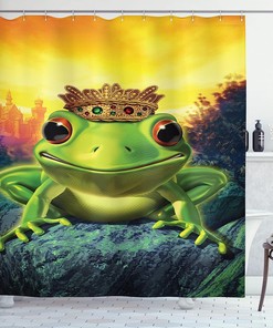 Green Yellow Frog Prince Shower Curtain, Illustration Of Frog Prince With Golden Yellow Crown On Rocks Soul Mates