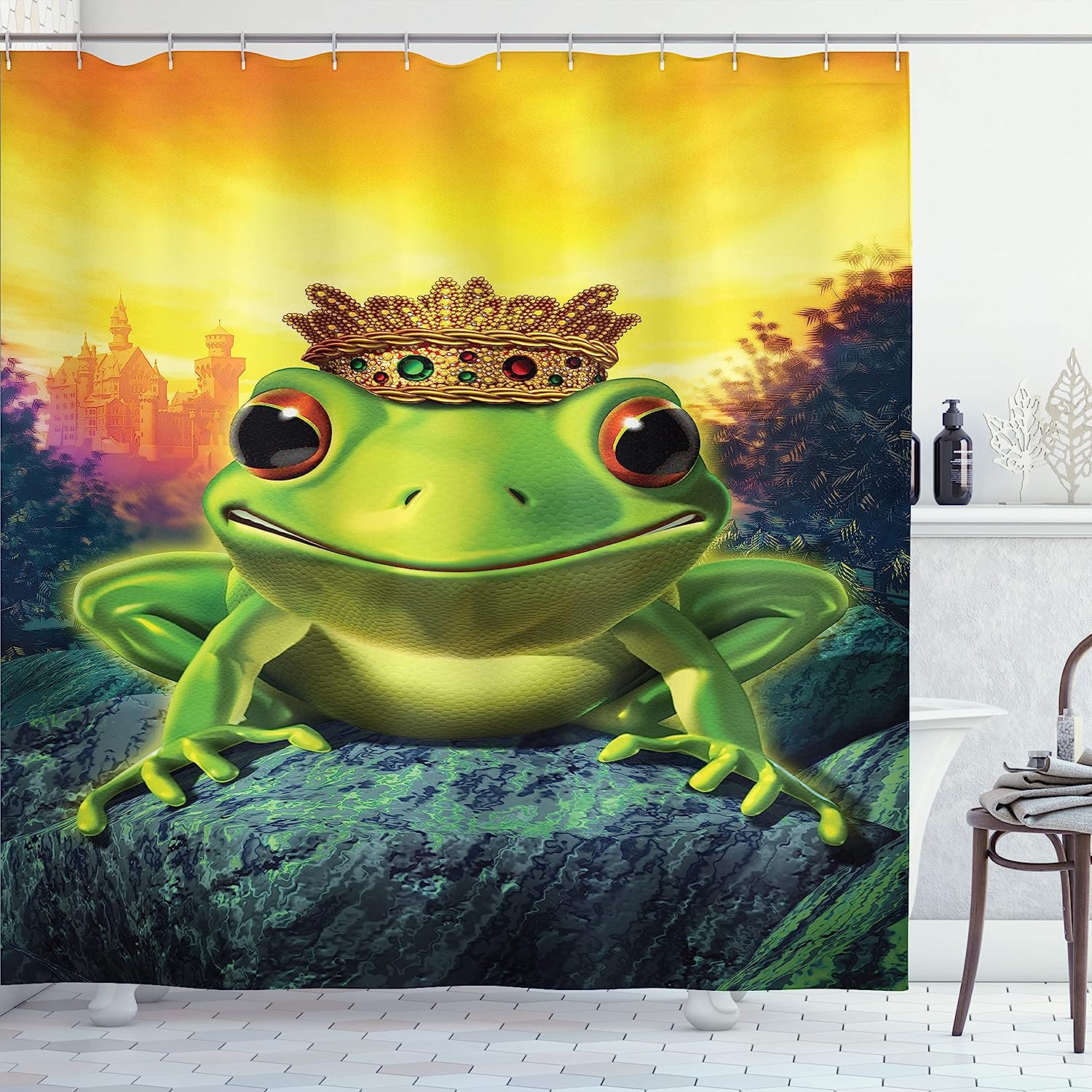 Green Yellow Frog Prince Shower Curtain, Illustration Of Frog Prince With Golden Yellow Crown On Rocks Soul Mates