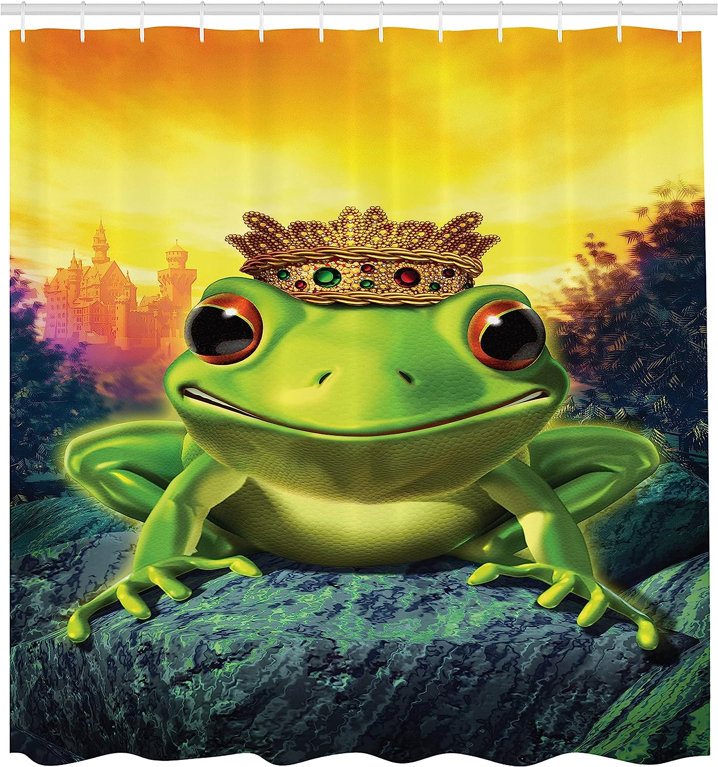Green Yellow Frog Prince Shower Curtain, Illustration Of Frog Prince With Golden Yellow Crown On Rocks Soul Mates - Image 2