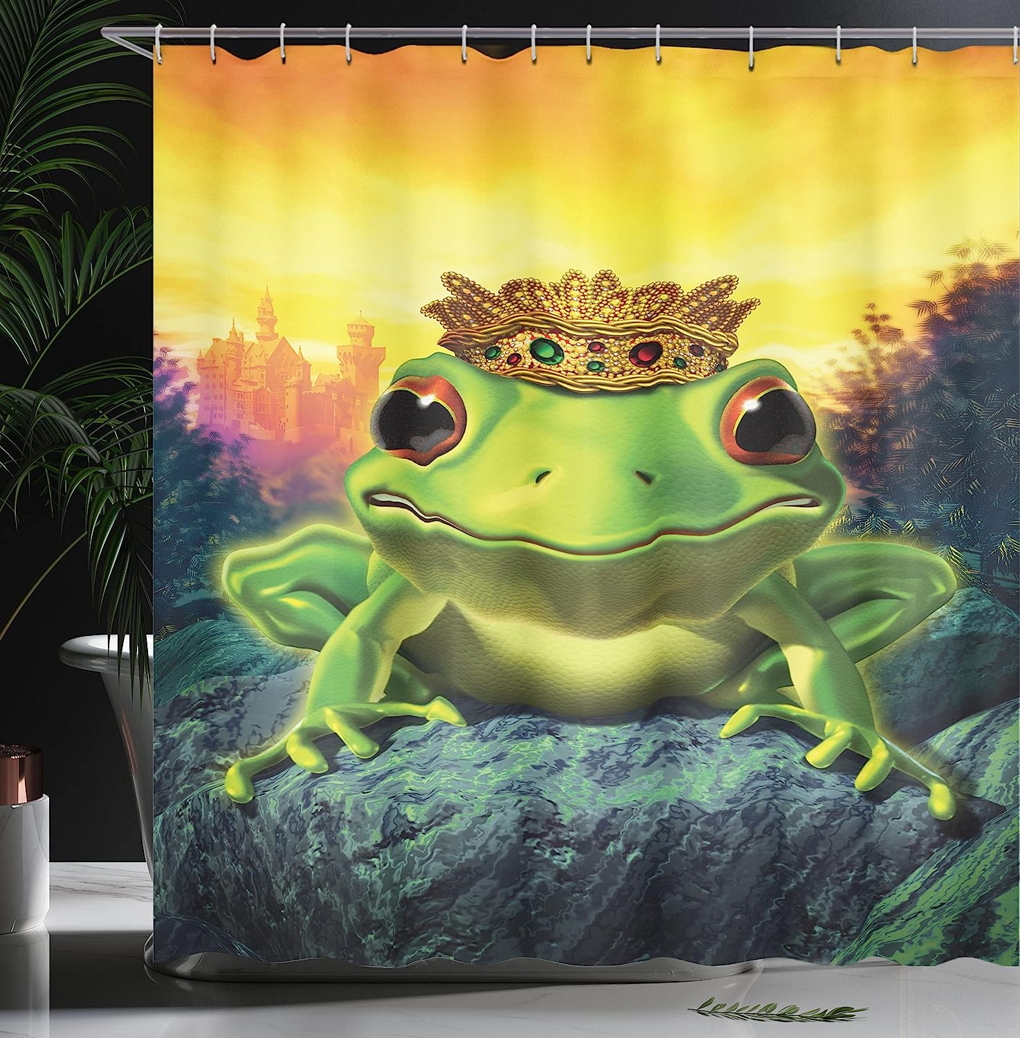 Green Yellow Frog Prince Shower Curtain, Illustration Of Frog Prince With Golden Yellow Crown On Rocks Soul Mates - Image 3