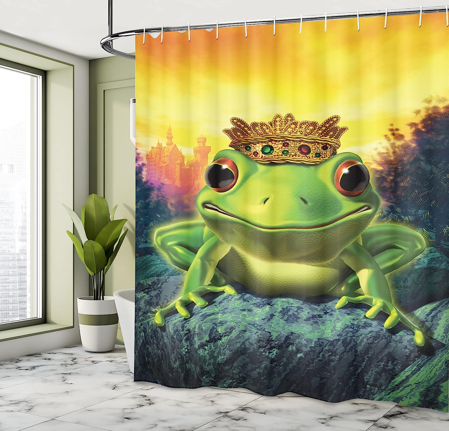 Green Yellow Frog Prince Shower Curtain, Illustration Of Frog Prince With Golden Yellow Crown On Rocks Soul Mates - Image 4