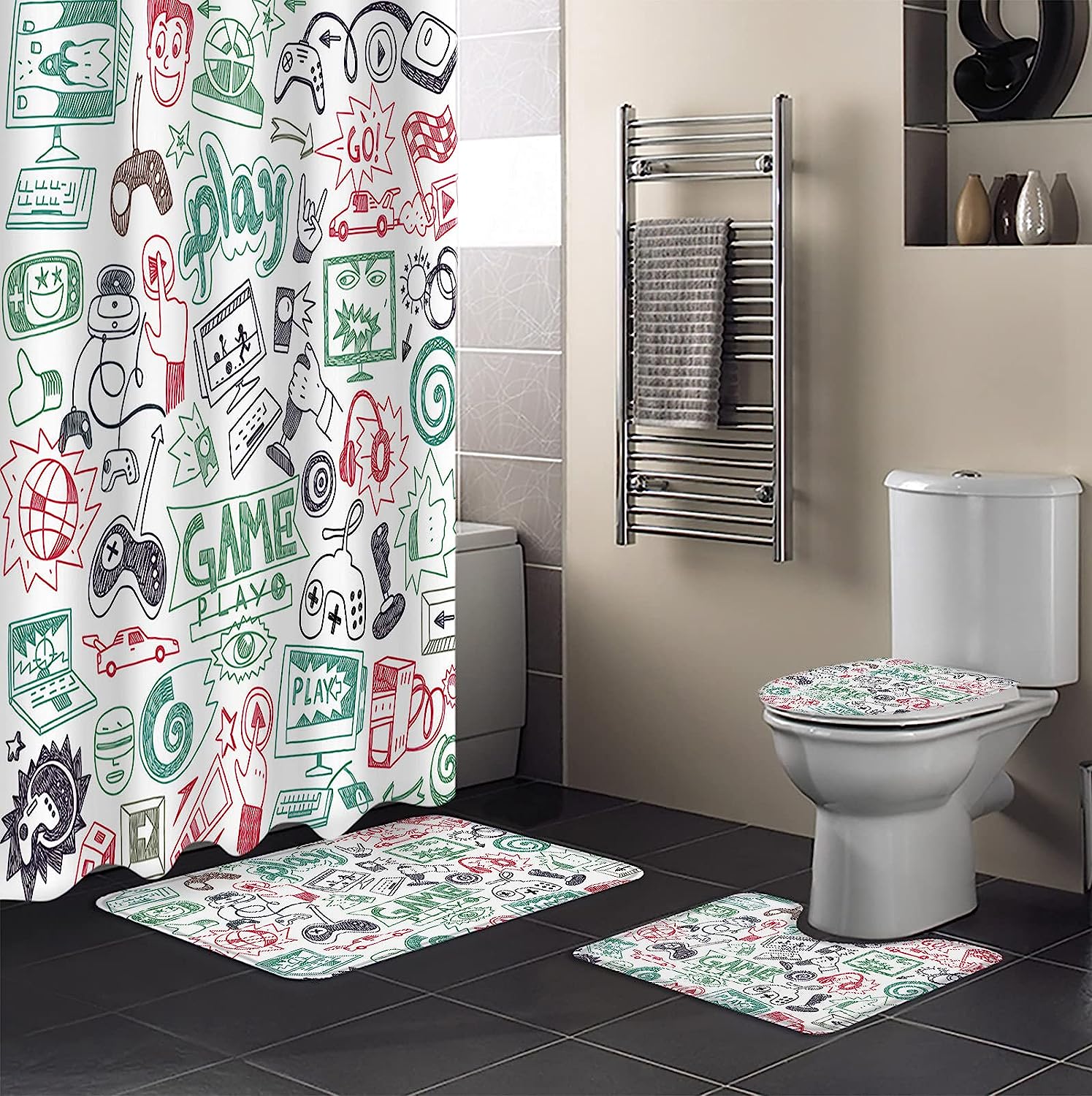 Green and Red Graffiti Play Games Luxury Shower Curtain