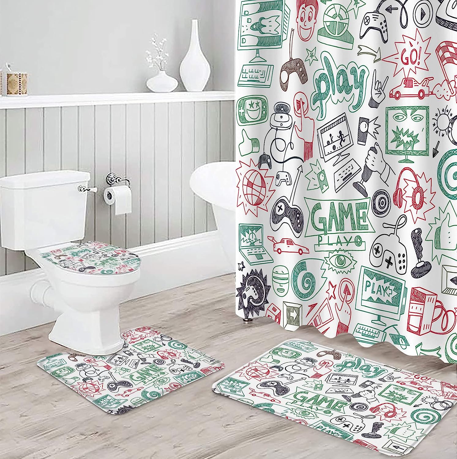 Green and Red Graffiti Play Games Luxury Shower Curtain