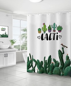 Green and White Cacti Cartoon Shower Curtain 