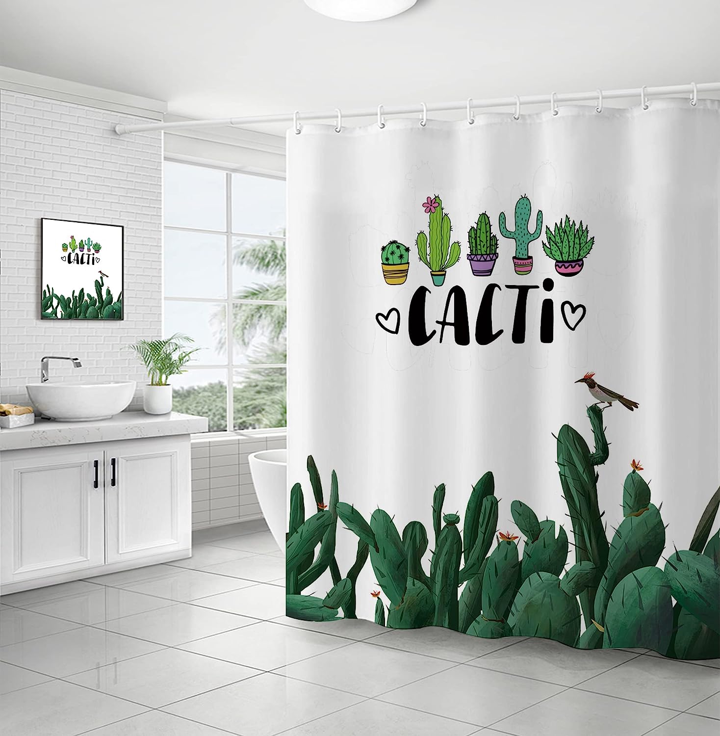 Green and White Cacti Cartoon Shower Curtain