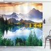 Green/Blue/Brown Mountain Lake View Sunny Day Nature Scene Shower Curtain