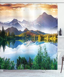 Green/Blue/Brown Mountain Lake View Sunny Day Nature Scene Shower Curtain