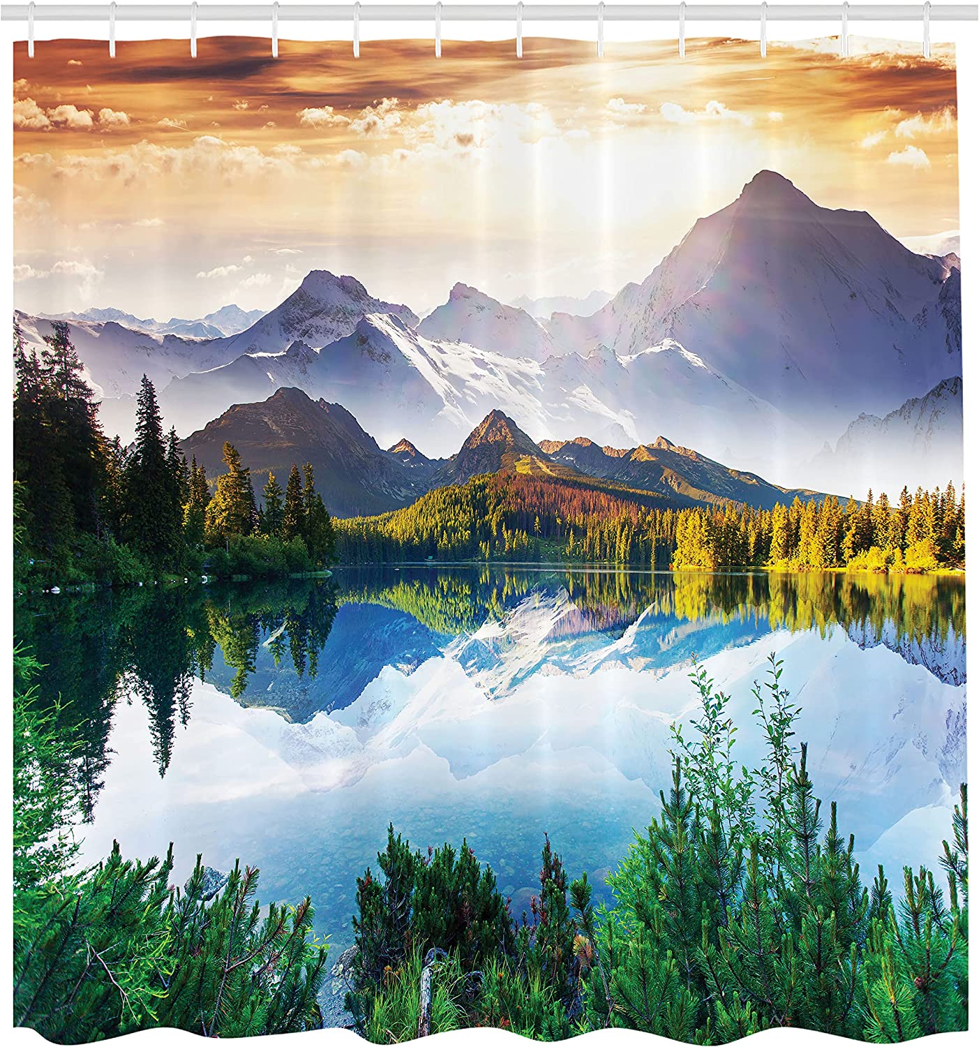 Green/Blue/Brown Mountain Lake View Sunny Day Nature Scene Shower Curtain - Image 2